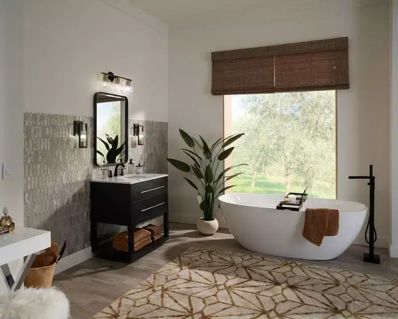 Specchio decorativo rettangolare da parete Uttermost Andi, moderno, in vetro smussato, con cornice in ferro nero e oro, largo 61 cm, per bagno, camera da letto, casa, ingresso