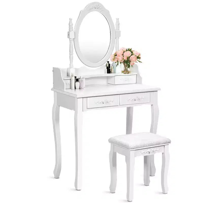 Costway Toeletta da Trucco in Legno con Sgabello a 4 Cassetti Nero/Bianco