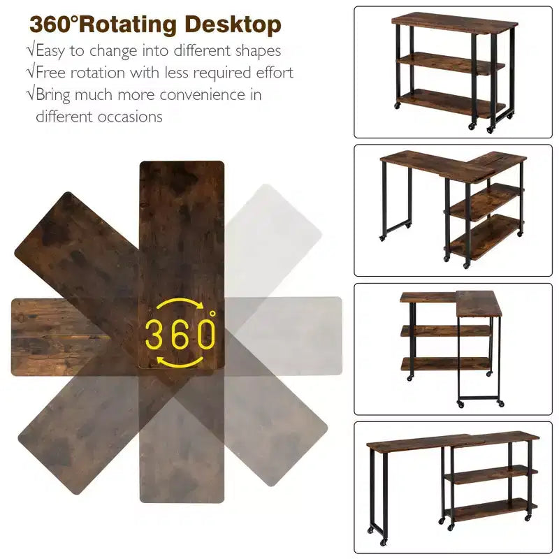 Costway Tavolino da Divano Brevettato con Libreria Girevole a 360 Gradi, Ripiani e Ruote, Marrone/Marrone Rustico/Naturale
