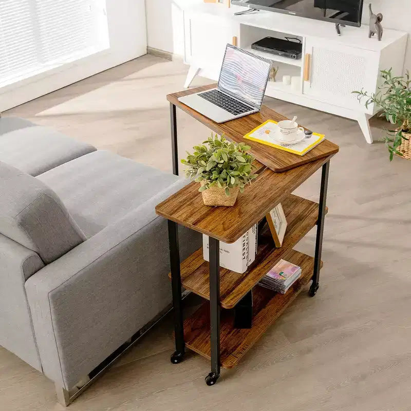 Costway Tavolino da Divano Brevettato con Libreria Girevole a 360 Gradi, Ripiani e Ruote, Marrone/Marrone Rustico/Naturale