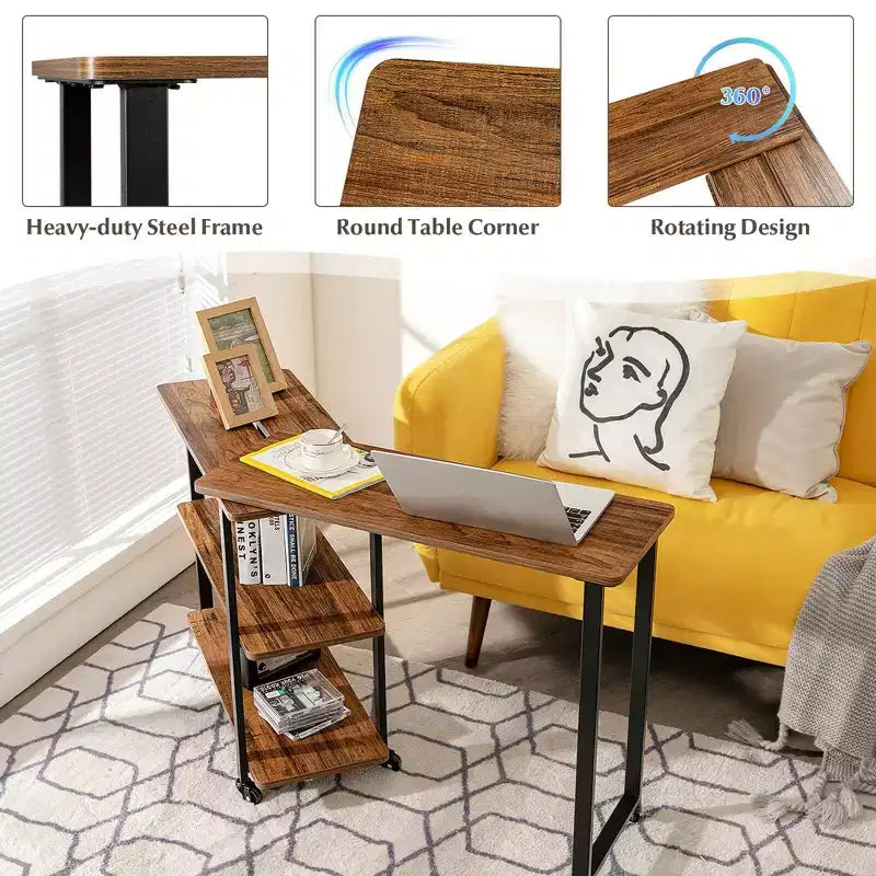 Costway Tavolino da Divano Brevettato con Libreria Girevole a 360 Gradi, Ripiani e Ruote, Marrone/Marrone Rustico/Naturale