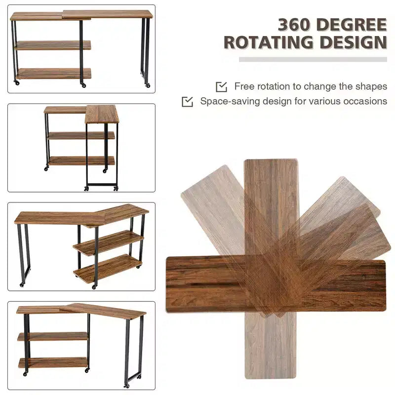 Costway Tavolino da Divano Brevettato con Libreria Girevole a 360 Gradi, Ripiani e Ruote, Marrone/Marrone Rustico/Naturale