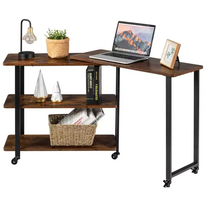 Costway Tavolino da Divano Brevettato con Libreria Girevole a 360 Gradi, Ripiani e Ruote, Marrone/Marrone Rustico/Naturale
