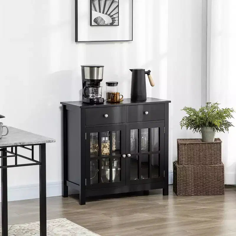 HOMCOM Credenza, Mobile Contenitore con Ante in Vetro, Ripiani Regolabili e 2 Cassetti per Cucina