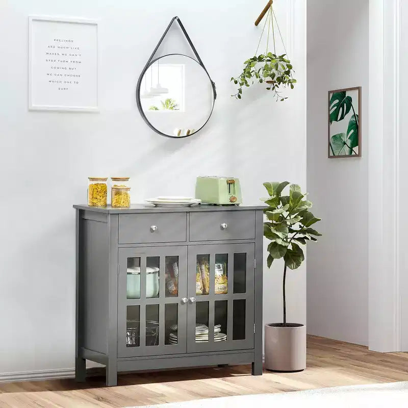 HOMCOM Credenza, Mobile Contenitore con Ante in Vetro, Ripiani Regolabili e 2 Cassetti per Cucina