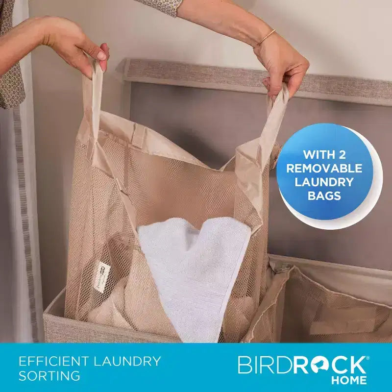 Cesto portabiancheria doppio BirdRock Home con coperchio e fodera rimovibile - Crema