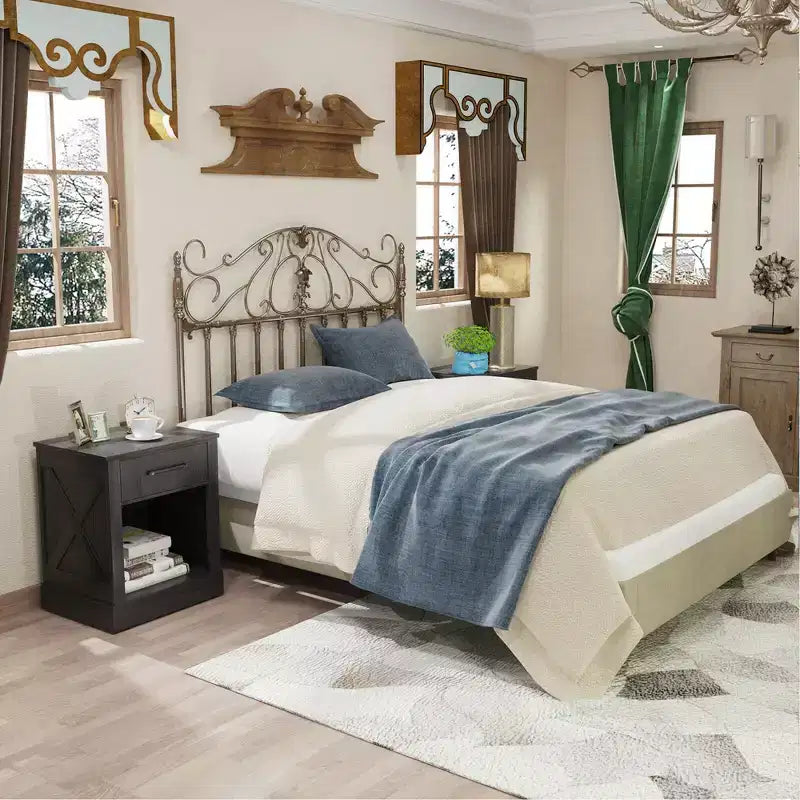 Comodino Costway con cassetto e ripiano, tavolino da notte rustico in legno, camera da letto, marrone/naturale/nero