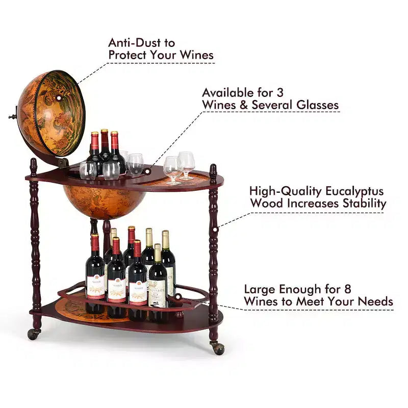 Costway Mappamondo Bar in Legno 34 H Ripiano Portabottiglie Liquori in Stile Italiano del XVI Secolo