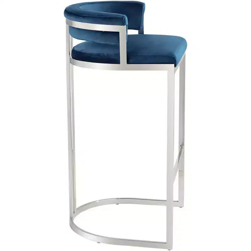Studio 55D Jazmin Sgabello da bar in acciaio inossidabile lucido, argento, 78,7 cm di altezza, cuscino moderno blu con schienale basso e poggiapiedi per bancone da cucina e isola