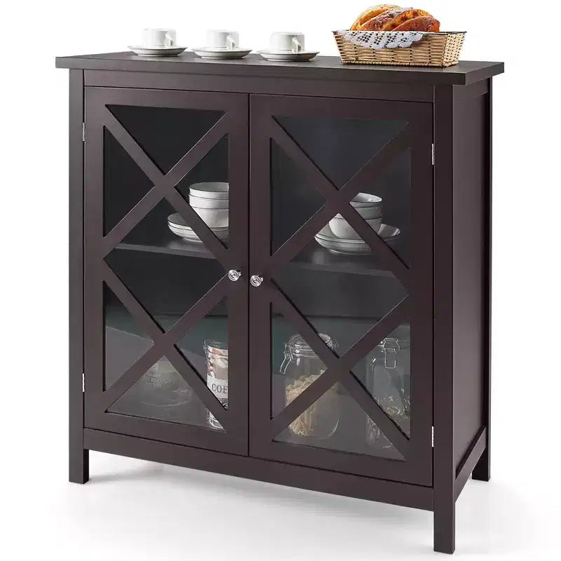 Costway Credenza da Cucina con Ante in Vetro e Ripiano Regolabile Bianco/Marrone