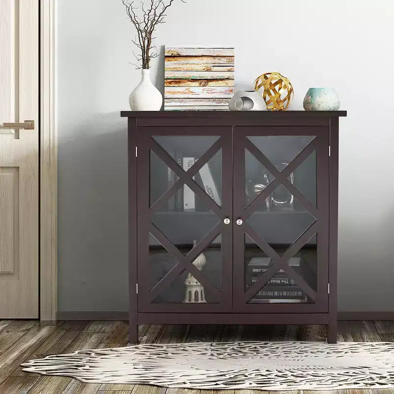 Costway Credenza da Cucina con Ante in Vetro e Ripiano Regolabile Bianco/Marrone