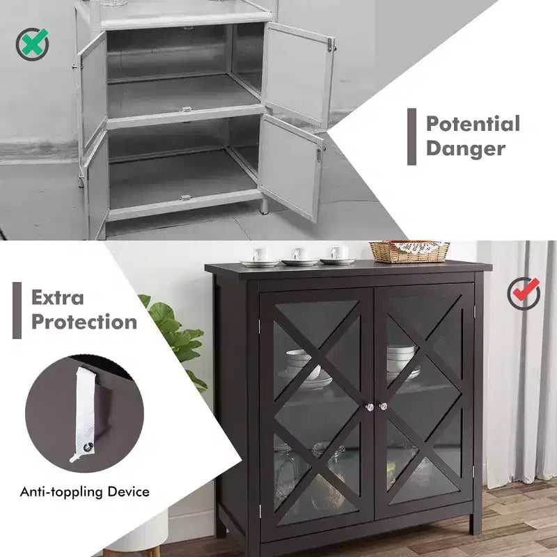 Costway Credenza da Cucina con Ante in Vetro e Ripiano Regolabile Bianco/Marrone