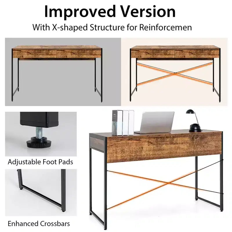 Costway Scrivania per computer con struttura in metallo, tavolo da studio, postazione di lavoro per ufficio domestico con 2 cassetti