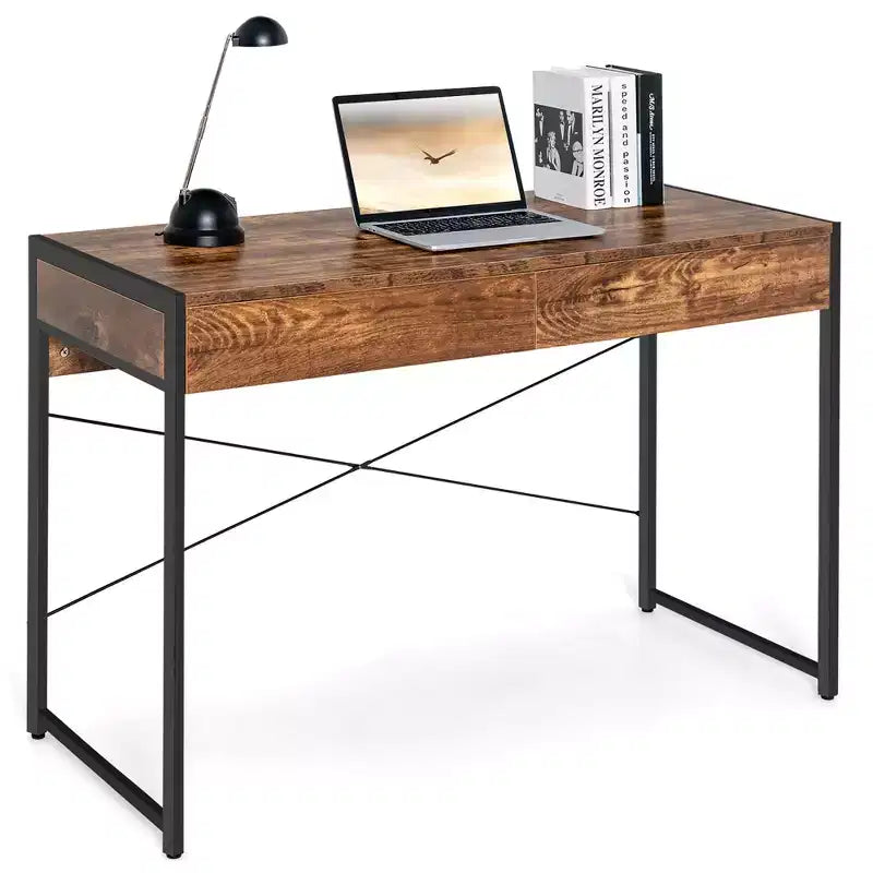Costway Scrivania per computer con struttura in metallo, tavolo da studio, postazione di lavoro per ufficio domestico con 2 cassetti