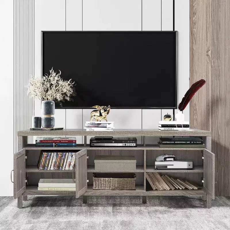 Costway Mobile TV Porta TV per TV fino a 65 pollici con ante in rattan