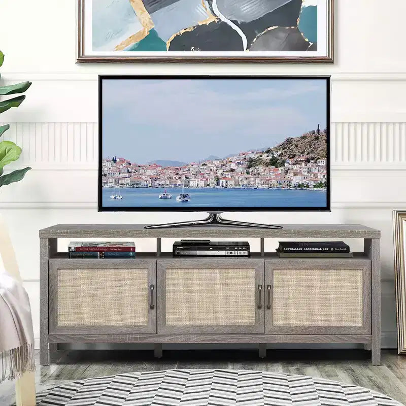 Costway Mobile TV Porta TV per TV fino a 65 pollici con ante in rattan