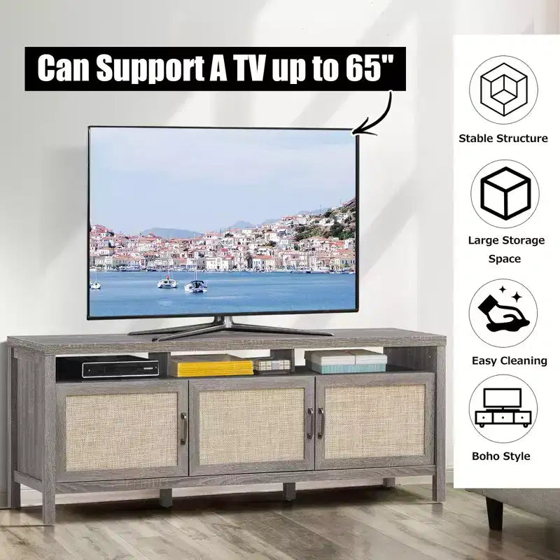 Costway Mobile TV Porta TV per TV fino a 65 pollici con ante in rattan