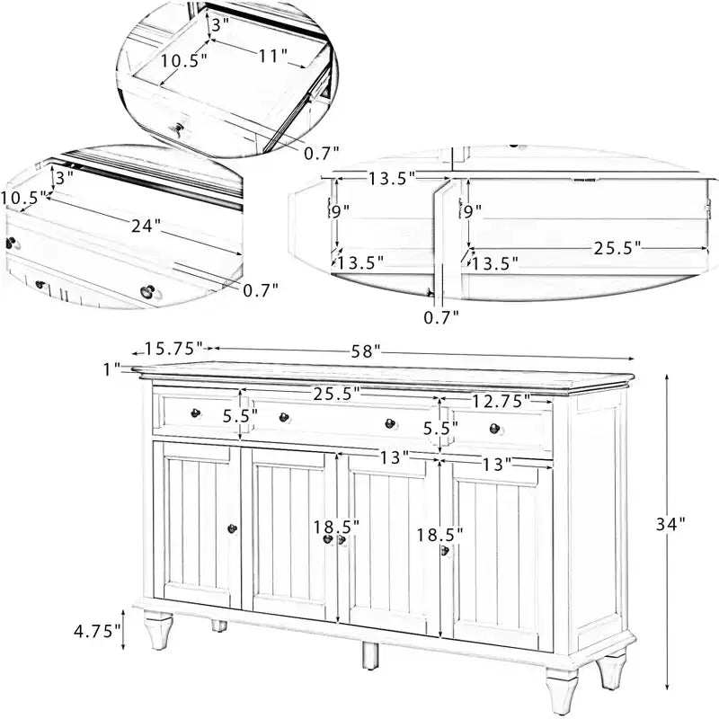 Madia tradizionale Rick 58 a 3 cassetti con gambe in legno massello| KARAT HOME