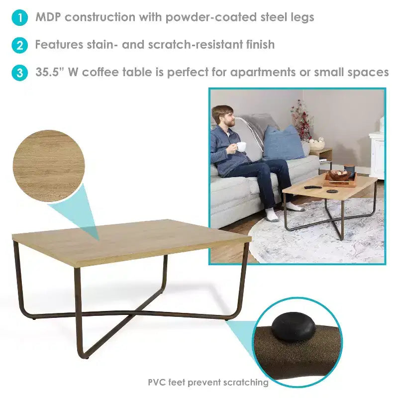 Tavolino da Caffè da Interno con Gambe a Croce MDP Sunnydaze - Costruzione in MDP - Marrone