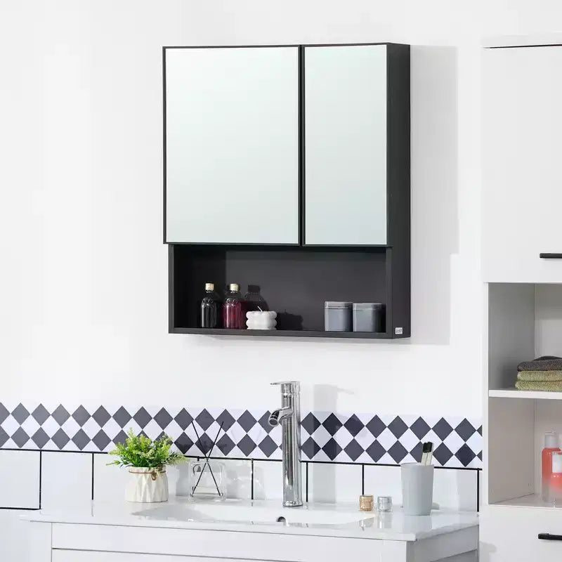 kleankin Armadietto dei Medicinali a Parete, Mobile Specchio da Bagno con Ante Doppie e Ripiani, Nero