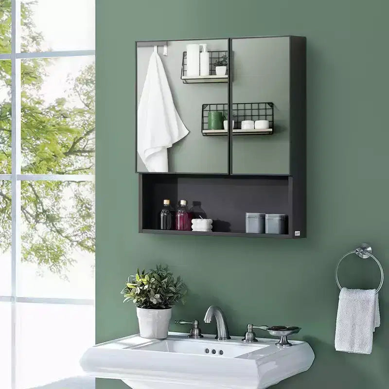 kleankin Armadietto dei Medicinali a Parete, Mobile Specchio da Bagno con Ante Doppie e Ripiani, Nero