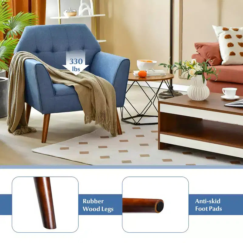 Poltrona moderna accentata con tessuto trapuntato Costway, imbottita con gambe in legno di caucciù Blu/Grigio