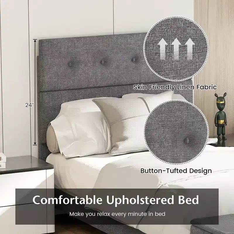 Costway Letto Imbottito con Contenitore e Testiera Trapuntata in Lino