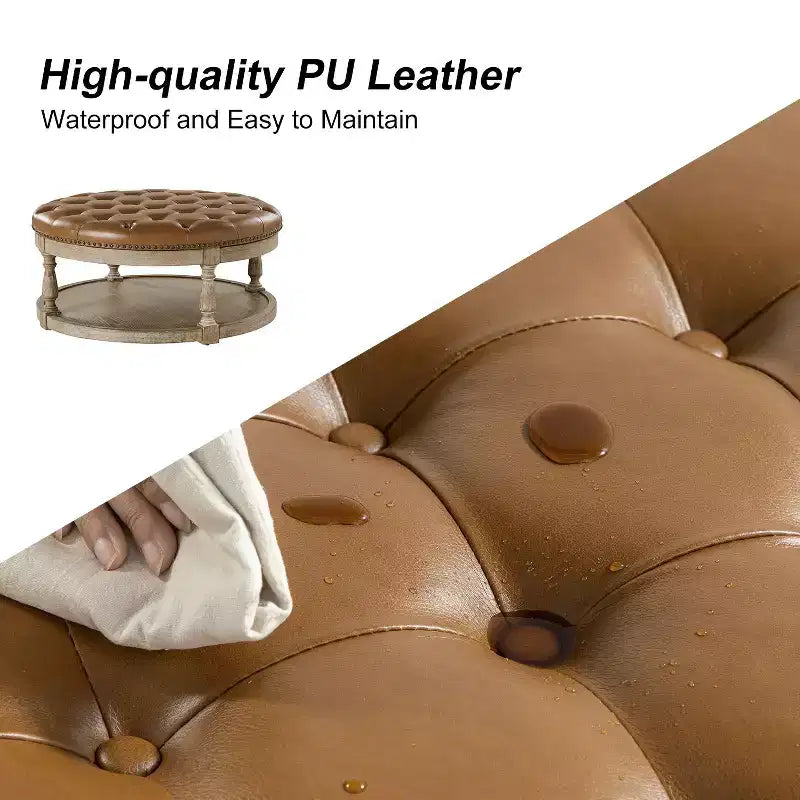 Pouf rotondo Chloe in pelle vegana con contenitore e borchie | ART OF LIVING DESIGNS