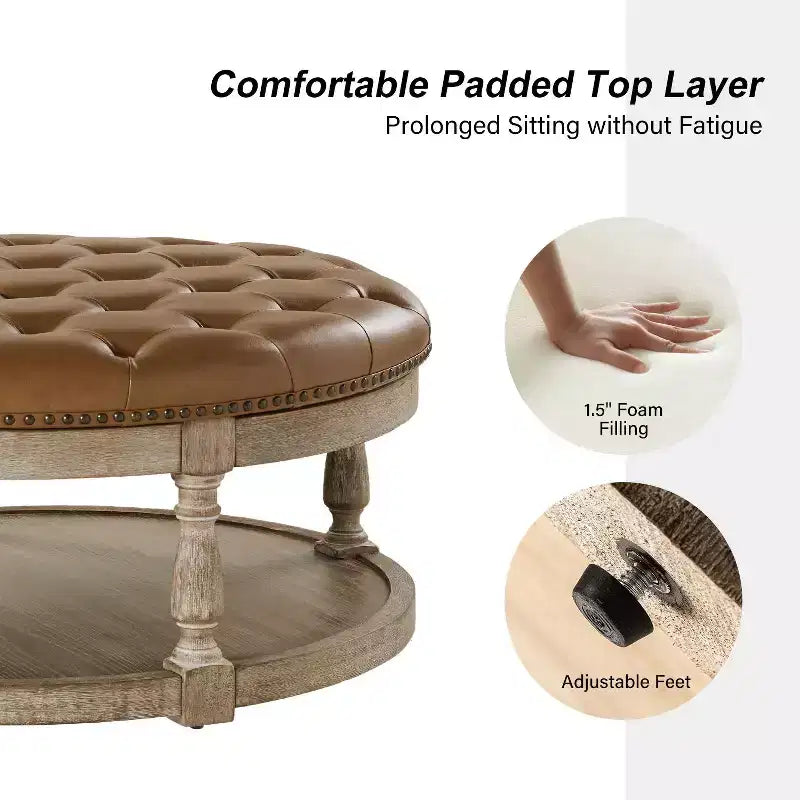 Pouf rotondo Chloe in pelle vegana con contenitore e borchie | ART OF LIVING DESIGNS