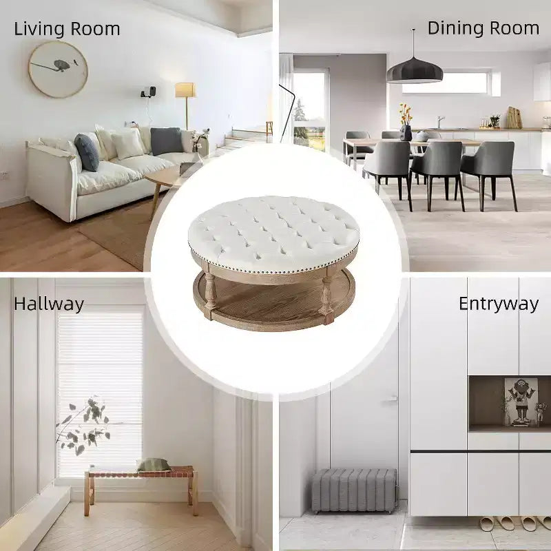 Pouf rotondo Chloe in pelle vegana con contenitore e borchie | ART OF LIVING DESIGNS