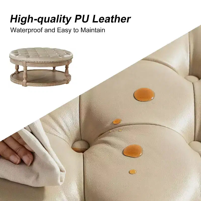 Pouf rotondo Chloe in pelle vegana con contenitore e borchie | ART OF LIVING DESIGNS