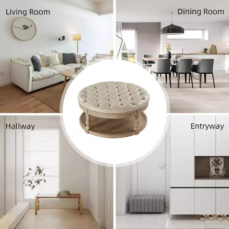 Pouf rotondo Chloe in pelle vegana con contenitore e borchie | ART OF LIVING DESIGNS