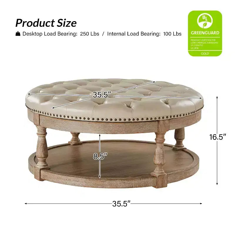 Pouf rotondo Chloe in pelle vegana con contenitore e borchie | ART OF LIVING DESIGNS