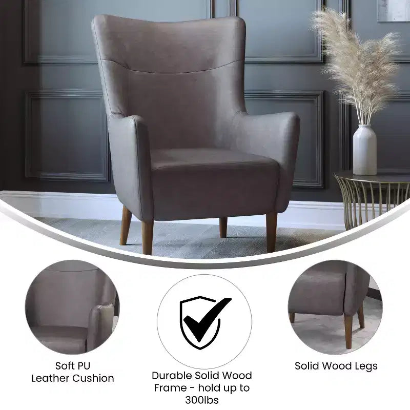 Poltrona accentata tradizionale Wingback Merrick Lane, rivestimento in ecopelle e struttura e gambe in legno