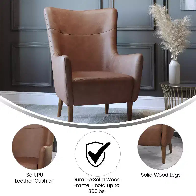 Poltrona accentata tradizionale Wingback Merrick Lane, rivestimento in ecopelle e struttura e gambe in legno
