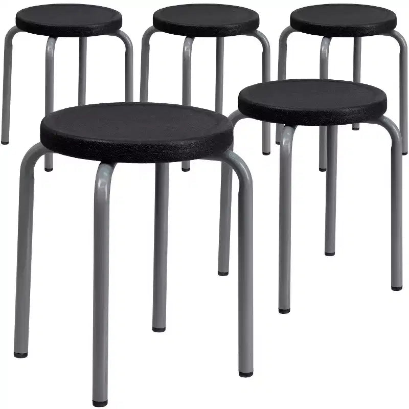 Emma and Oliver 5 Pack Stackable Backless Stool with Black Seat and Silver Powder Coated Frame
