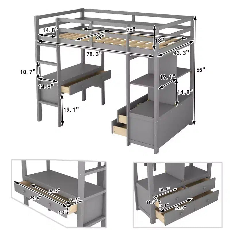 Letto a soppalco con scrivania integrata, mensole e cassetti RE- ModernLuxe
