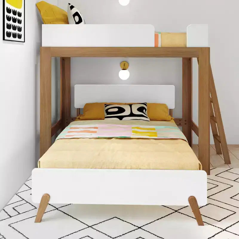 Letto a Castello a L Max & Lily Mid-Century Modern, Singolo su Una Piazza e Mezza, Legno Massello