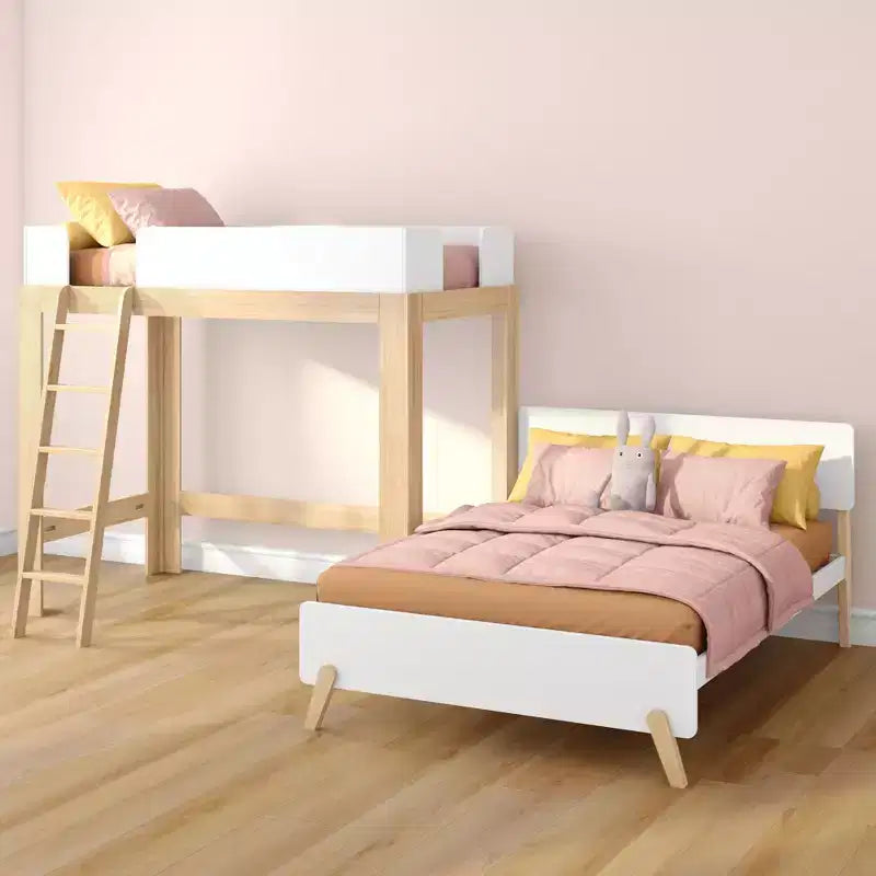 Letto a Castello a L Max & Lily Mid-Century Modern, Singolo su Una Piazza e Mezza, Legno Massello