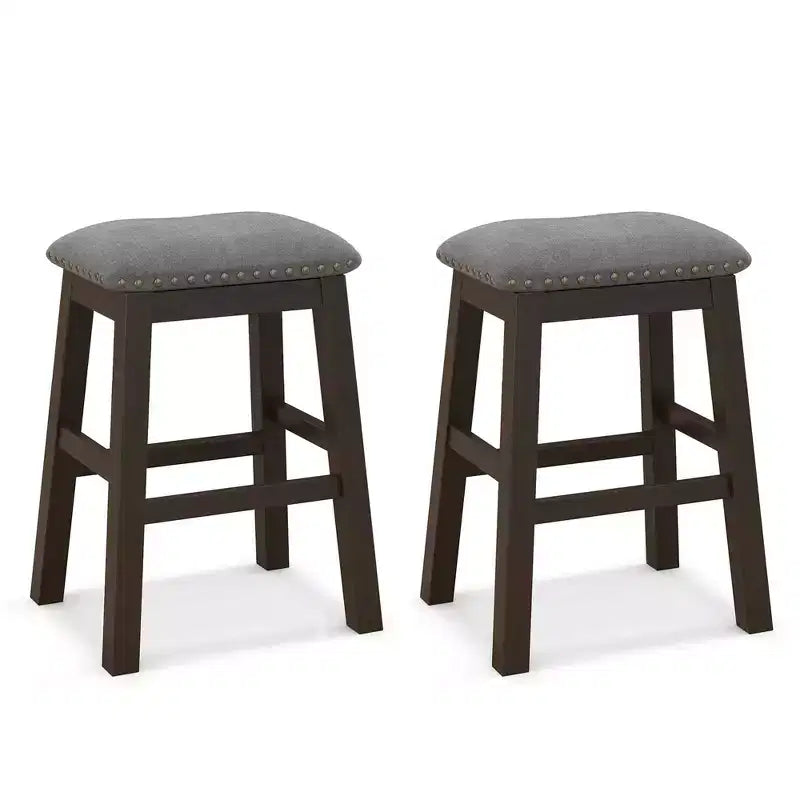 Costway Set of 2 Upholstered Saddle Bar Stools 24.5 Dining Chairs with Wooden Legs Gray