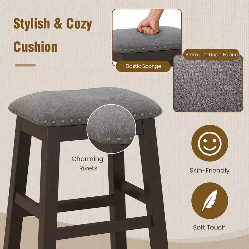 Costway Set di 2 Sgabelli da Bar Imbottiti con Seduta a Sella, Sedie da Pranzo da 62 cm con Gambe in Legno, Grigio
