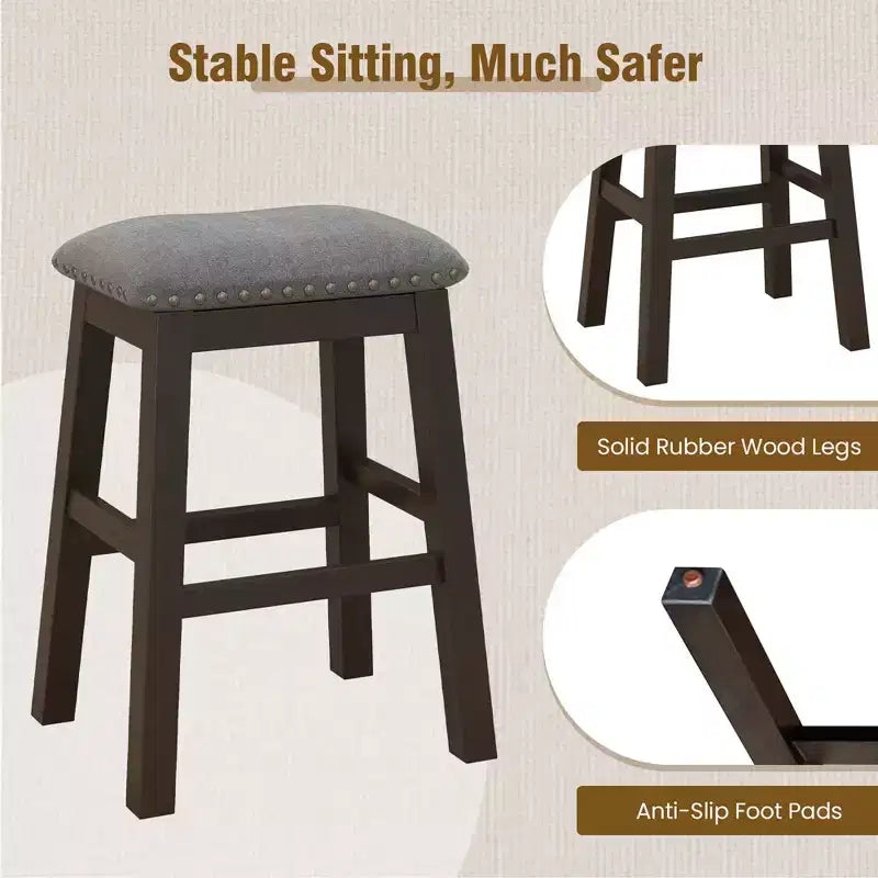 Costway Set di 2 Sgabelli da Bar Imbottiti con Seduta a Sella, Sedie da Pranzo da 62 cm con Gambe in Legno, Grigio