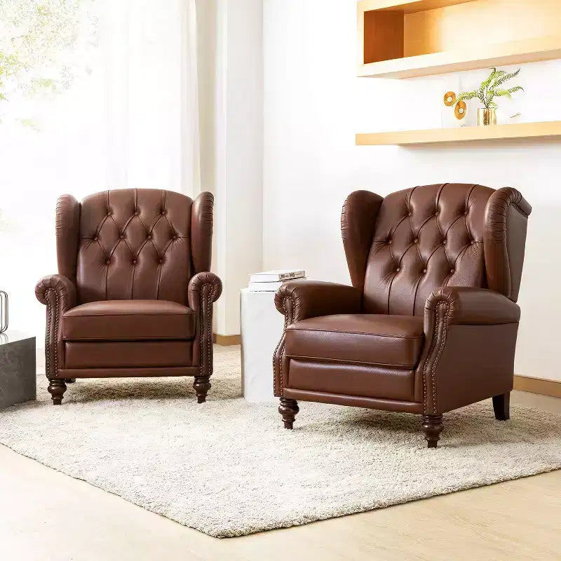 Set di 2 Poltrone Wingback Amanda 33 Larghe in Vera Pelle con Gambe Affusolate in Legno Massiccio e Rivetti | ART OF LIVING DESIGNS