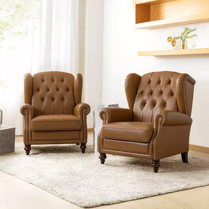 Set di 2 Poltrone Wingback Amanda 33 Larghe in Vera Pelle con Gambe Affusolate in Legno Massiccio e Rivetti | ART OF LIVING DESIGNS
