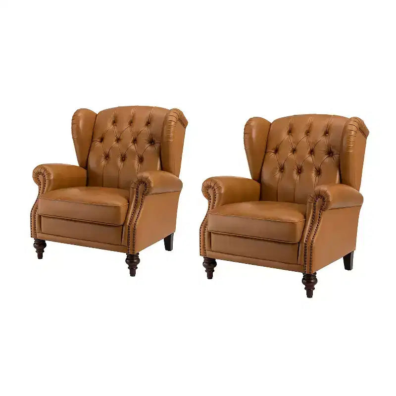 Set of 2 Amanda 33 Wide Genuine Leather Wingback Armchair with Solid Tapered Wood Legs and Nailhead Trim| ART OF LIVING DESIGNS