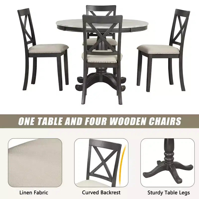 Set da pranzo da 5 pezzi con tavolo in legno massello e 4 sedie, grigio - ModernLuxe