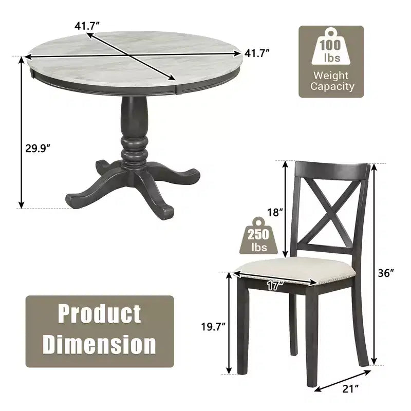 Set da pranzo da 5 pezzi con tavolo in legno massello e 4 sedie, grigio - ModernLuxe
