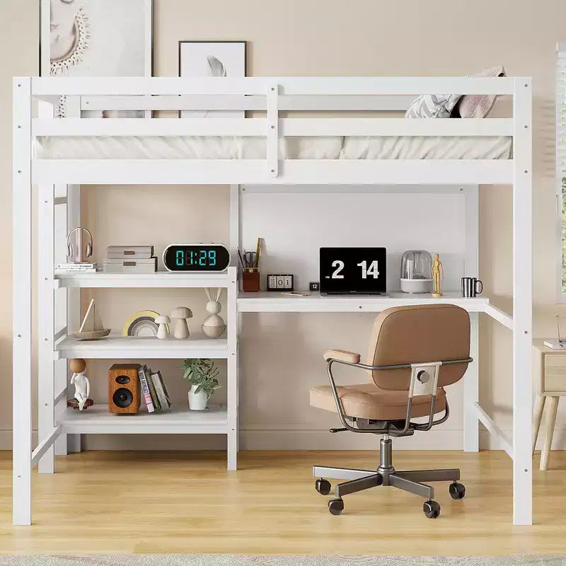 Letto a soppalco in legno con scaffali, scrivania e lavagna - ModernLuxe