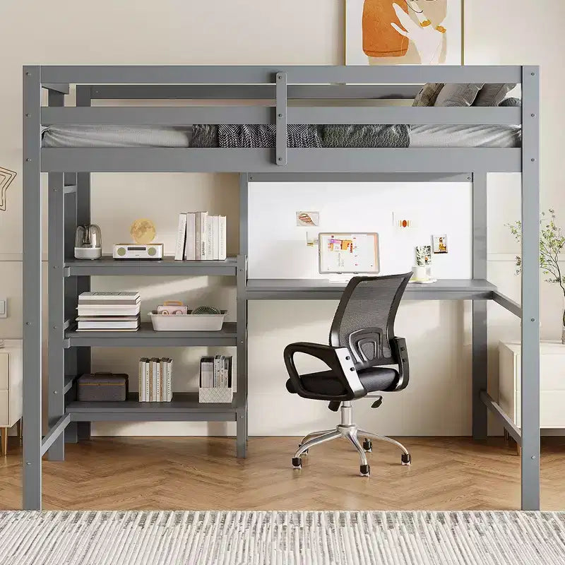 Letto a soppalco in legno con scaffali, scrivania e lavagna - ModernLuxe