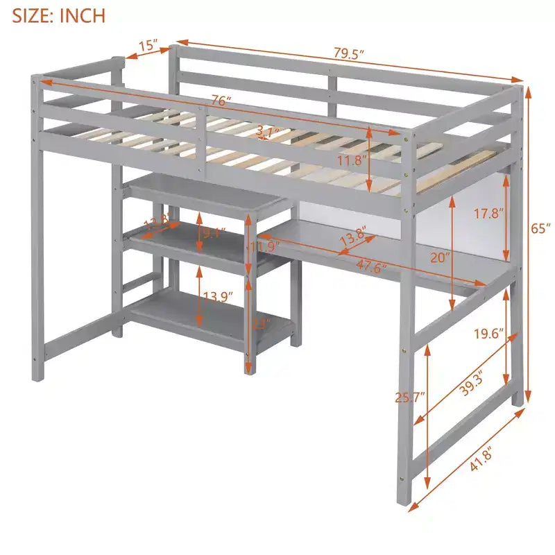 Letto a soppalco in legno con scaffali, scrivania e lavagna - ModernLuxe